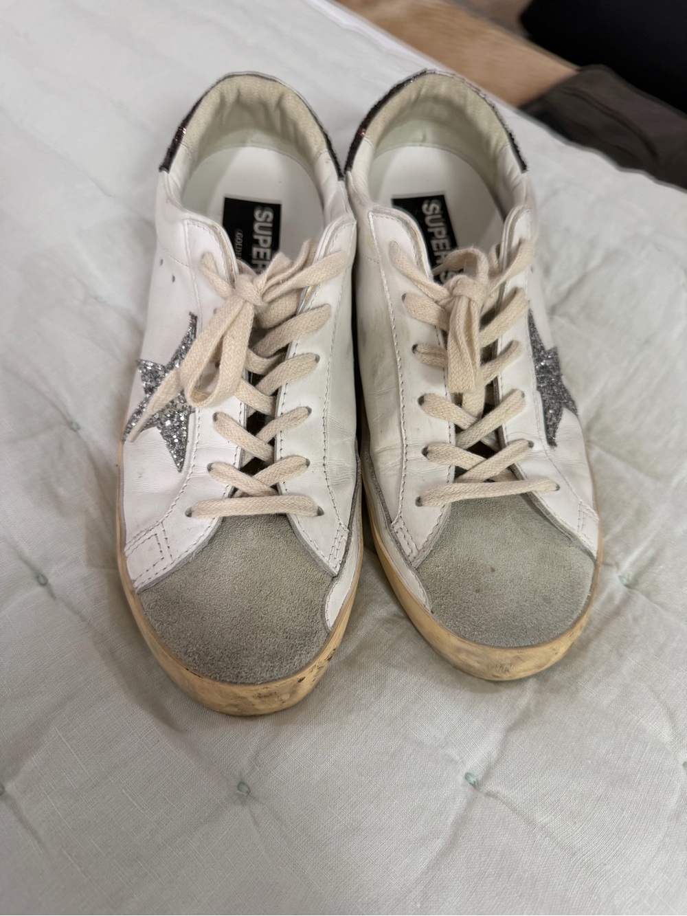 Golden Goose Women’s White Sneakers with Silver Star and Red glitter